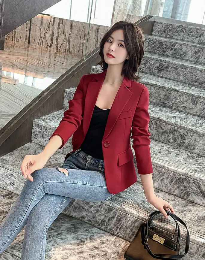 wine red Женский маленький костюм тренд Мода весна осень чистый цвет длинный рукав тонкий маленький костюм Женский Повседневный Топ на одной пуговице TB3307 - Цвет: wine red