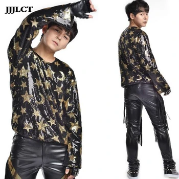 

Male singer star with the same paragraph long sleeve sequin t-shirt bar nightclub clothing concert pop dance costume