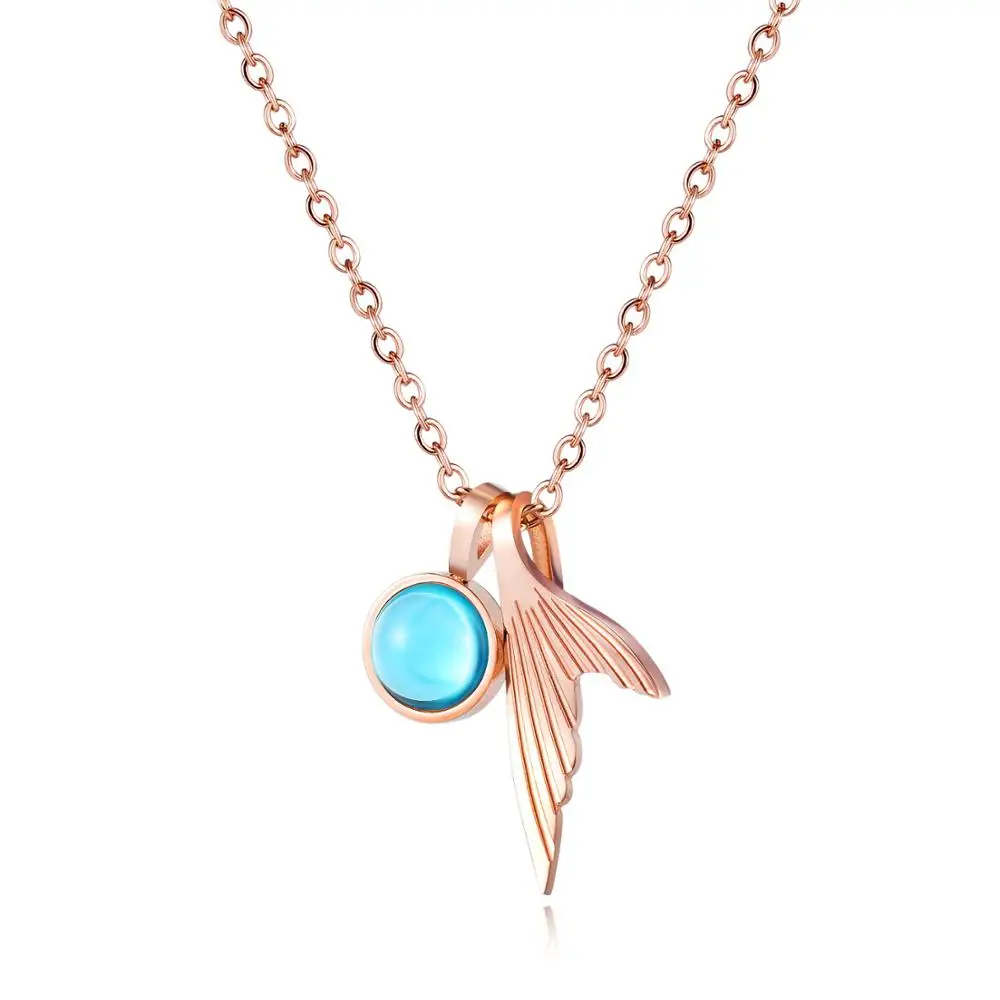 

cute blue crystal rose gold Fish tail necklaces for women 2020 kpop fashion stainless steel pendant bijoux accessories wholesale