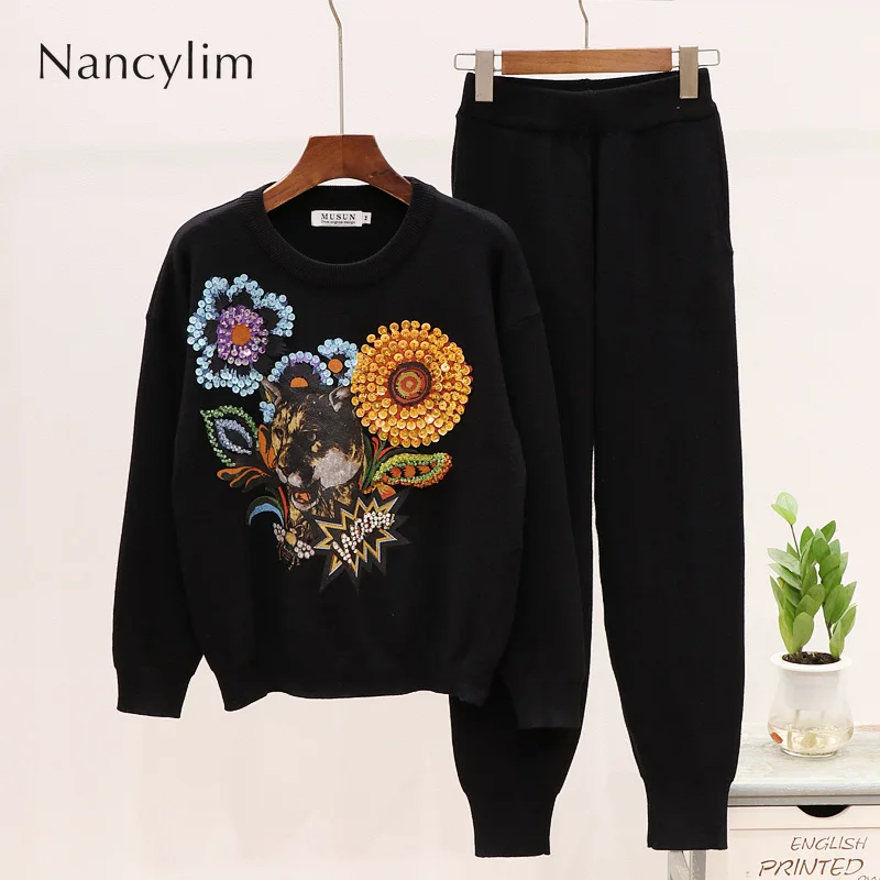 

Femme 2 Pieces Autumn Winter Sequined Flower Cat Printed Long-sleeved Sweater Jumper and Trousers Fashion Tracksuit Students