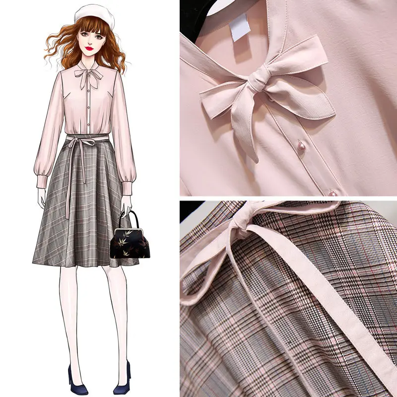 SMTHMA женский костюм из 2 предметов, новинка, осенняя розовая рубашка с бантом, топ+ клетчатая юбка с высокой талией, офисный комплект