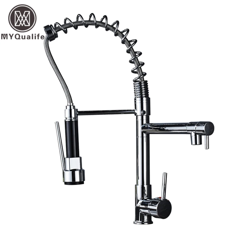 Chrome Finish Dual Spout Kitchen Sink Faucet Deck Mount Spring