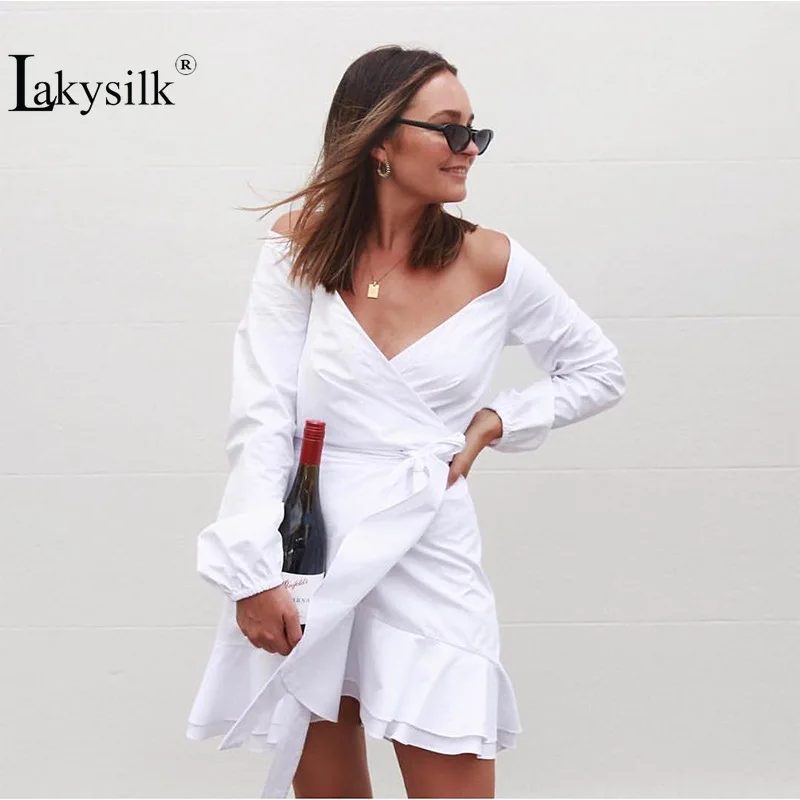 

2020 New Spring Dress Elegant Asymmetrical Ruffles Slim Sashes Dress Slash Neck Long Sleeve Solid Dress Lady Sexy White Dress