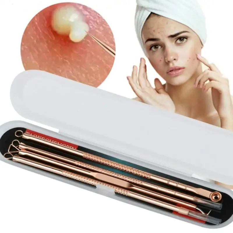 

4Pcs Rose Gold Stainless Steel Acne Blackhead Remover Needles Pimple Comedone Spot Double Head Extractor Cleansing Tools Kit