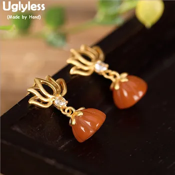 

Uglyless Hollow Plate Gold Lotus Earrings for Women Young Pumpkin Color Agate Lotus Flower Brincos Real 925 Silver Jewelry E1310