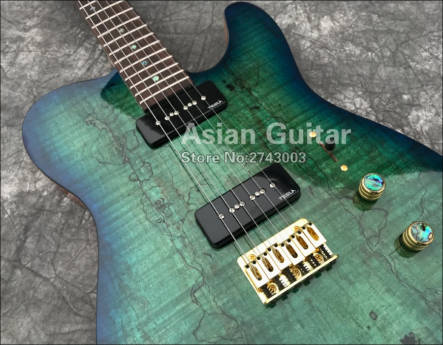ACEPRO электрогитара с Spalted Maple top, Tesla Black VR-P90, Gold Grover tuners, Abalone dots inlays