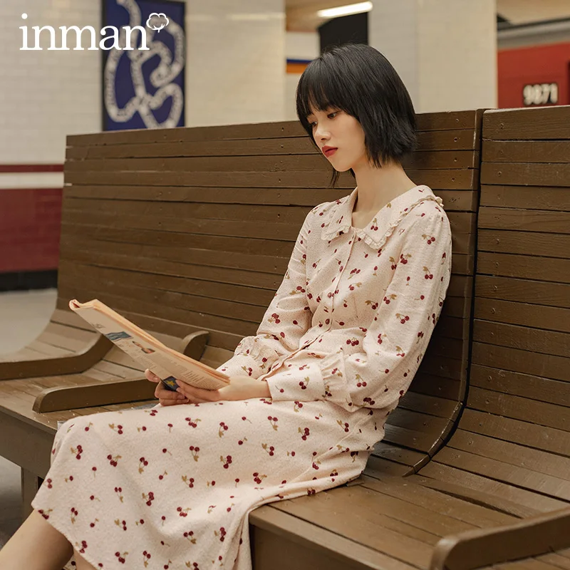 INMAN Весна Осень леди милый стиль кукольный воротник Вишневый узор принт длинный