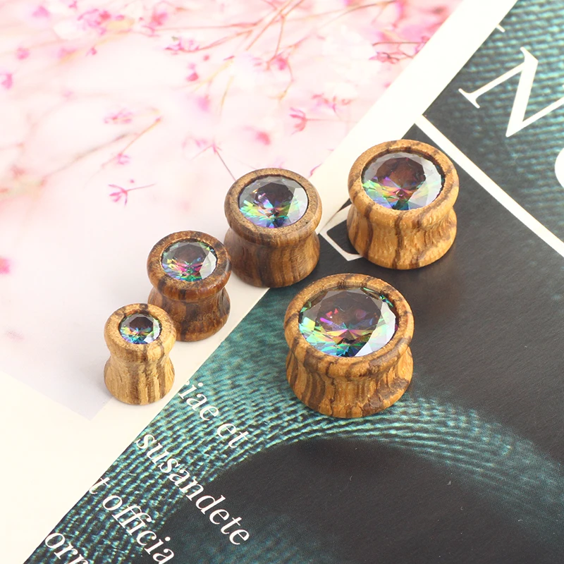 Crystal Zircon Wood Ear Plug And Tunnel Flesh 8-16mm Wooden Ear Tunnel Plug Earrings Gauge Stretcher Plugs Oreja Dilataciones