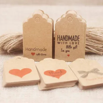 

Kraft Diy handmade gifts tag /red heart Thank you tag scallop paper cookies /crafts/bakery /candy label100pc+100ropes