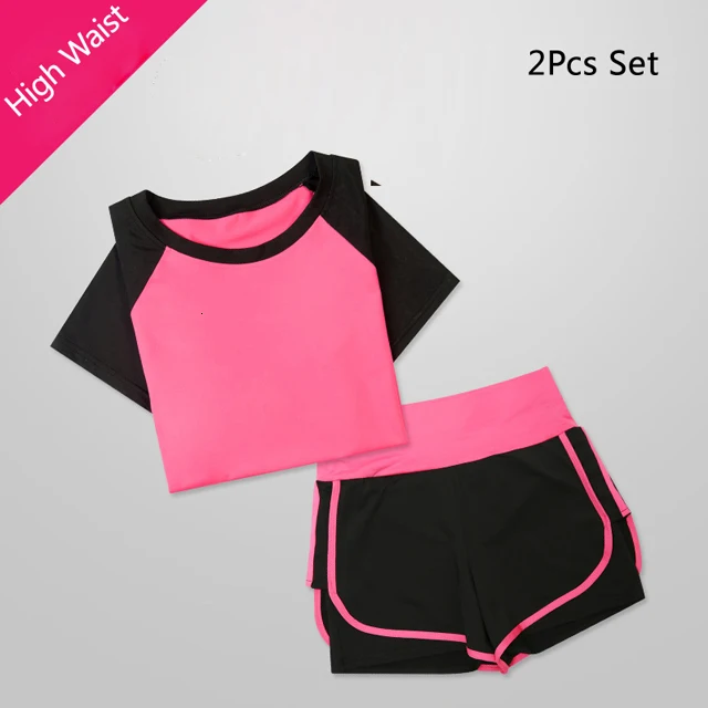 2pcs set rose red Женский комплект из 5 предметов для йоги, для бега, футболка, фитнес, бюстгальтер, спортивная одежда, одежда для спортзала, Женский комплект для тренировок, спортивный костюм - Цвет: 2pcs set rose red
