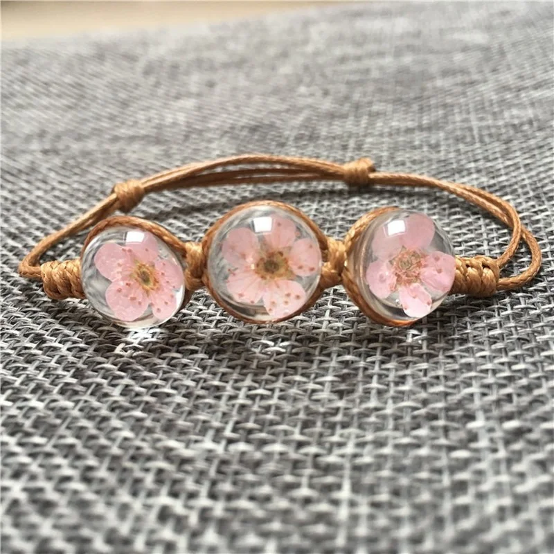 2021 Wholesale Hand-woven Peach Bracelet Dried Flowers Cherry Blossom Eternal Flower Time Jewel Bracelet Mori Girl Line