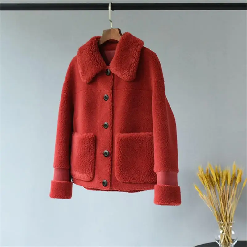 Женская осенне-зимняя натуральная шерсть шуба, женские теплые куртки с лацканами, натуральная зернистая овечья стрижка, верхняя одежда с замшевой подкладкой N118 - Цвет: red