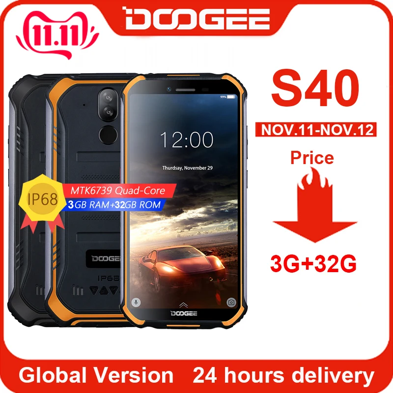 En Ligne DOOGEE S40 4GNetwork Téléphone Portable Robuste 5.5 pouces 4650mAh MT6739 Quad Core 3 GO RAM 32 GO ROM Android 9.0 8.0MP IP68 IP69K
