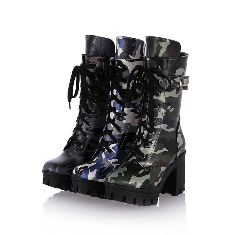 

US4-11 Hot Womens Punk Lace Up Camouflage Ankle Boots Gothic Platform Block Chunky High Heel Shoes Motorcycle 3Colors Plus Size