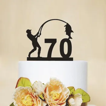 

New 70th Birthday Cake Topper Unique Fishing 70 years Birthday Party Accessories Wooden Acrylic Party Cake Toppers Supplies