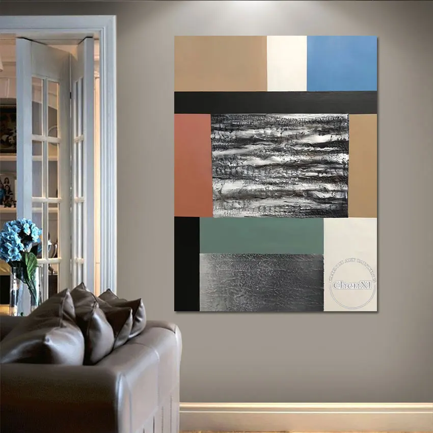 

Idea-Geometric Squares Oil Painting Wall Canvas, Apartment Art, Luxury Hand Picture, Modern Artwork for Living Room, Unframed