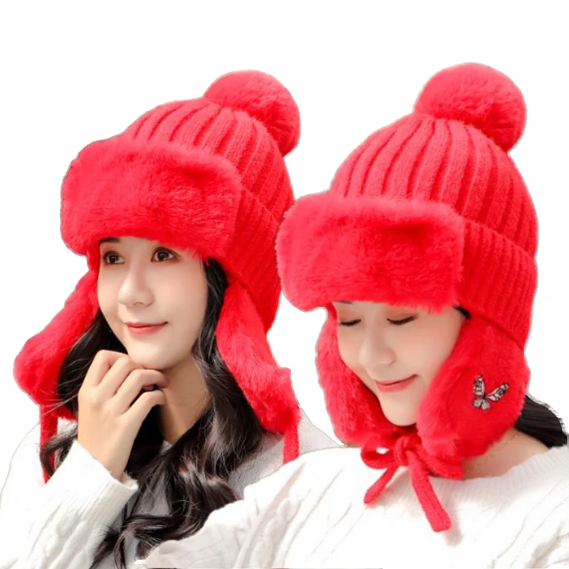 

Winter Bomber Hat Russian Hat Female earflaps cap Protect Warm Thicken Bomber Hat For Women Woolen Ear Protection Bonnet Cap