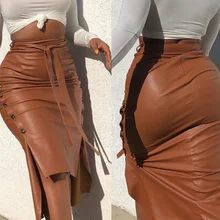 

Female-style leather pu midi skirt solid-colored waist high loop-up side thin button pencil skirt for ladies streetwear