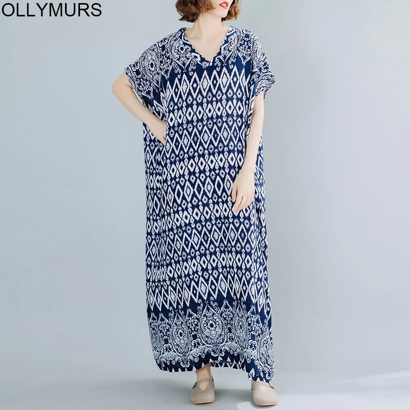 

Plus Size Vintage Floral Women Casual Loose Long Sundress 2020 Summer Beach Dress Cotton Satin Elegant Clothes Ladies Dresses