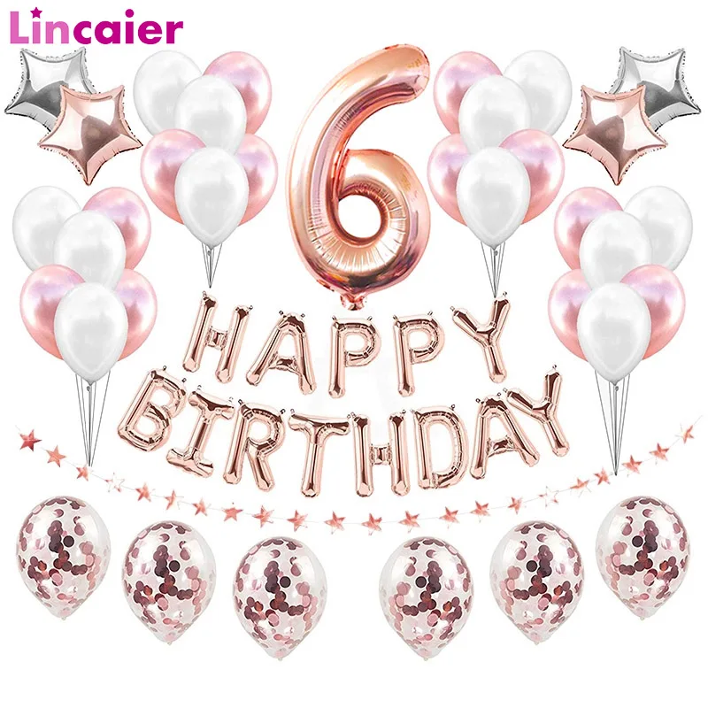 

6 Birthday 37pcs Rose Gold Number 6 Foil Balloons Set 6th Happy Birthday Party Decorations Kids Baby Boy Girl Pink Blue Ballon