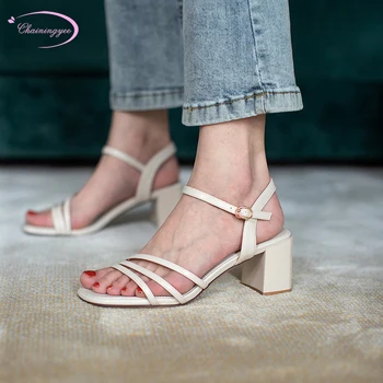 

Casual style new summer sandals fashion narrow band buckle strap yellow beige high-heeled chunky women's shoes big size