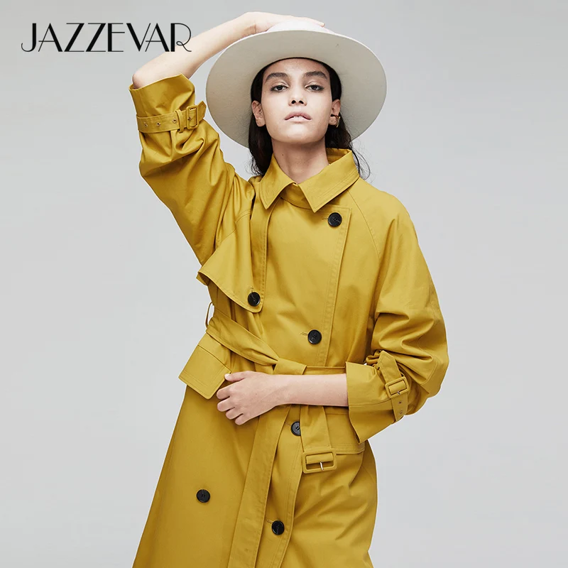 Beste JAZZEVAR2019 Nieuwe collectie herfst trenchcoat vrouwen top kaki kleur lange katoenen uitloper losse kleding met riem mode jas 9019