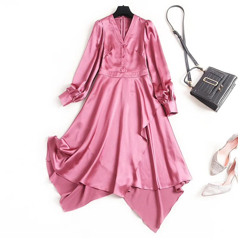 

New 2020 Dresses Pink Asymmetrical High Street Solid Mid-Calf V-Neck Spring Vestidos Great Women's Clothing New Year's Dresses