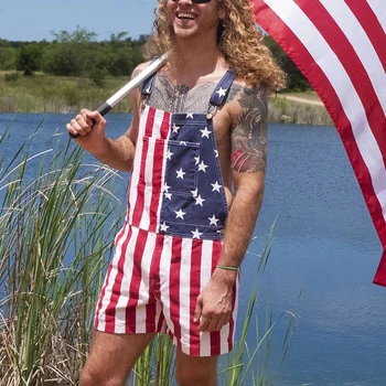 

2020 Summer Women Rompers Independence Day Unisex Jeans Bib Overall Jumpsuit Streetwear Backless Straps Short Jumpsuits