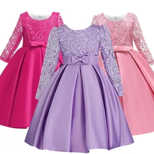 Г. Рождественские платья для девочек шелковая одежда с бантом и Длинными Рукавами Свадебное праздничное платье для девочек, детские платья принцессы