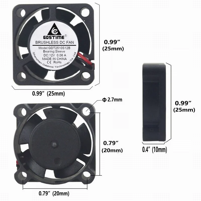 Gdstime 5 pcs 25mm x 25mm x 10mm DC 12V fan Brushless Small Cooling Cooler Fan for PC Chipset VGA Video