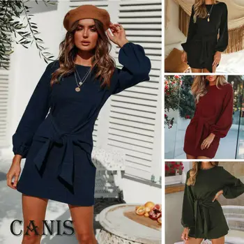 

Women Autumn Lace Up Crew Neck Long Lantern Sleeve Knitted Loose Jumper Pencil Sweater Dress Winter Party Short Mini Dress