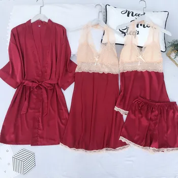 

Women 4PCS Strap Top&Shorts Nightwear Satin Nightgown Kimono Robe Lace Bathrobe Intimate Lingerie Silky Sleepwear Home Clothes