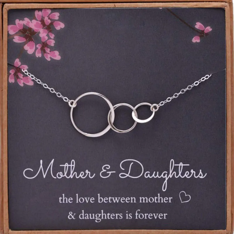 

Silver Chain Necklace Women Mom 2 Daughters Necklace Three 3 Interlocking Infinity Triple Circles Mothers Day Jewelry Gift