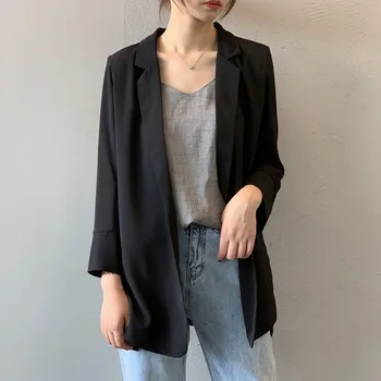 

Notched Collar Casual Ladies Blazer Jacket Korean Fashion Trend Loose Women White Black Thin Coat Autumn Summer Outwear Coats