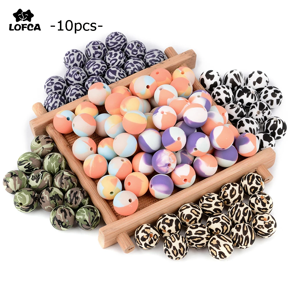 

LOFCA 12/15/19mm Silicone Beads 10Pcs Leopard Print Baby Teether Teething Tie-dye DIY Jewelry BPA Free Pacifier Clip Making