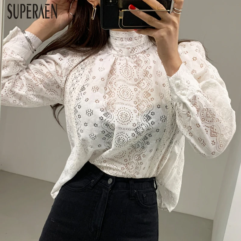SuperAen, корейский стиль, весна и осень, женские рубашки, новинка, дикие, со стоячим кружевом, женские блузки и топы, Dashin, женская одежда