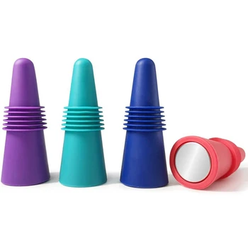 

New Premium Reusable Wine Bottle Stoppers, 4 PACK Colorful Silicone + Stainless Steel Wine Stopper, Beverage Bottle Stoppers