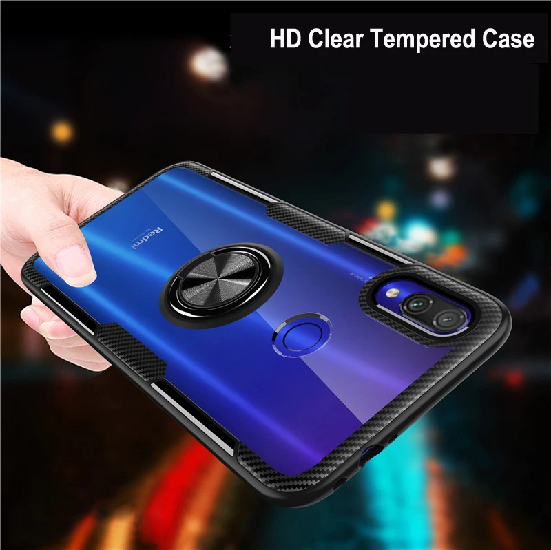 

Clear Tempered Phone Case Funda for Xiaomi Redmi Note 7 mi 8 9 k20 9t pro Case Coque Magnetic Finger Ring Stand Holder Cover