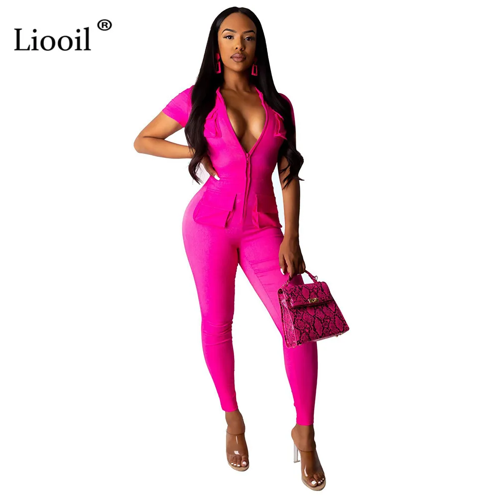 

Liooil Sexy Bodycon Zip Up Jumpsuits One Piece Outfit 2019 Short Sleeve Pocket High Elastic Party Club Rompers Womens Jumpsuit
