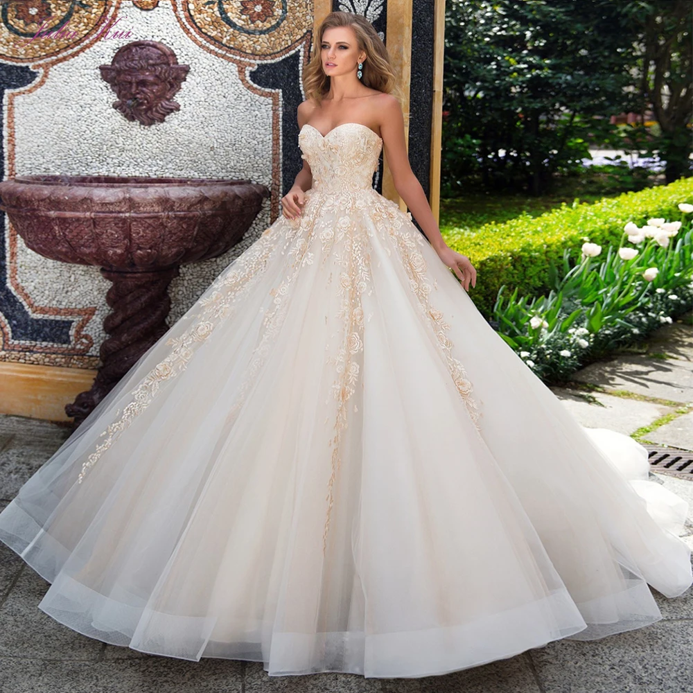 

Julia Kui Luxury Champagne Strapless Ball Gown Wedding Dress With 3D Flowers Court Train Bride Dress Lace Up