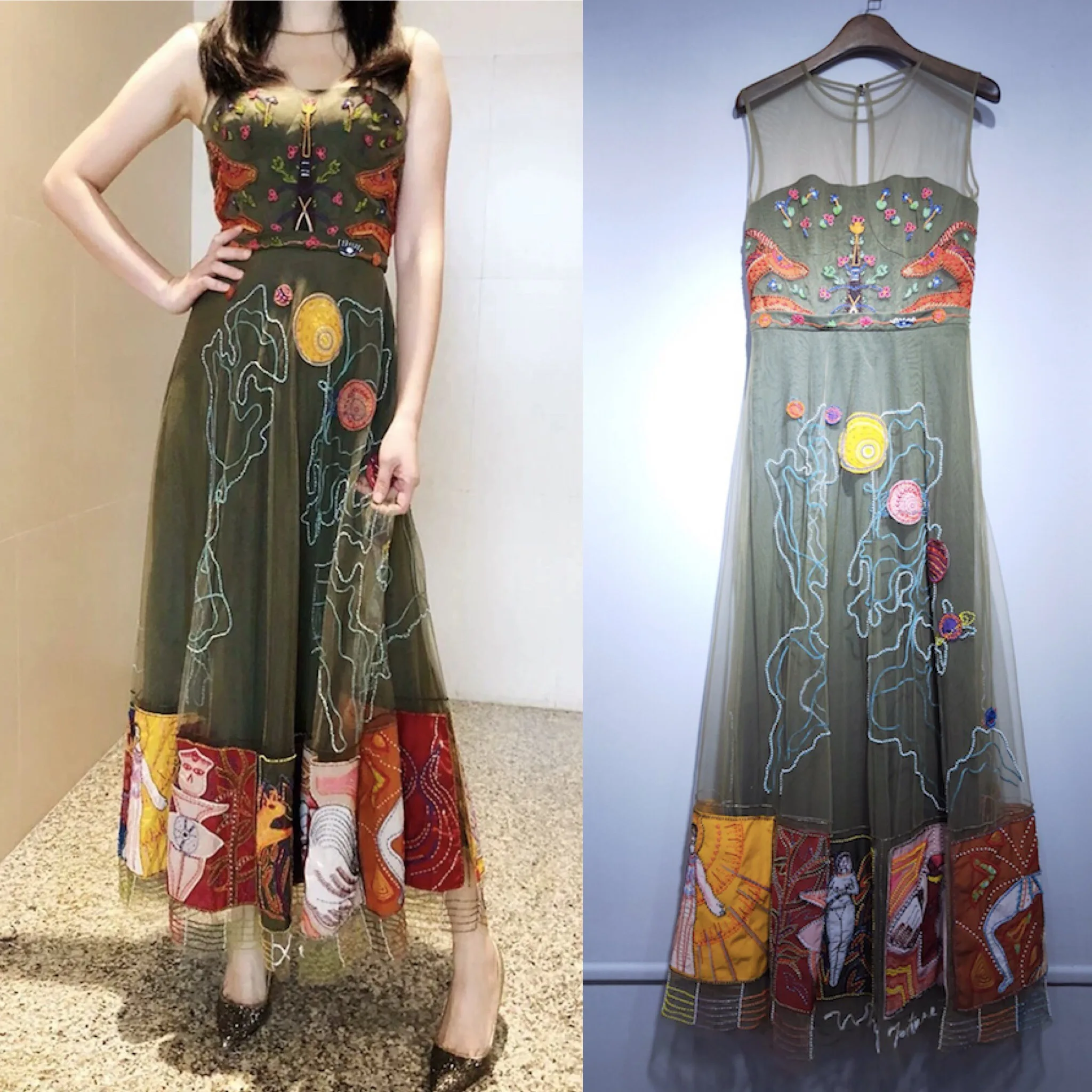 

Army Green Mesh Transparent Evening Party Dress 2019 Sleeveless Embroidery Empire Formal Dress Ankle Length Long Dress