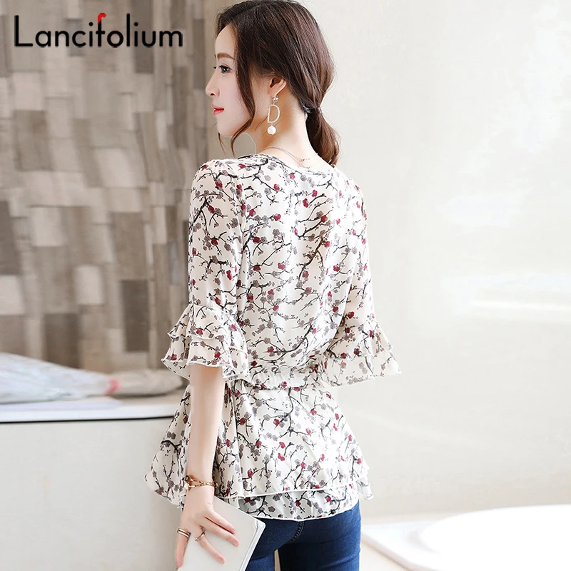 Floral Chiffon Blouse Women Summer Korean Ruffle Peplum Top Ladies 2020 Elegant Plus Size Office Shirt Female Camisas Femininas 4