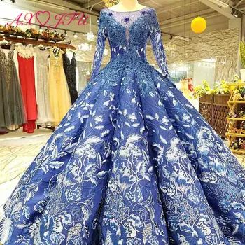 

AXJFU luxury princess beading crystal embroidery white flower navy blue lace o neck long sleeve illusion bride wedding dress4788