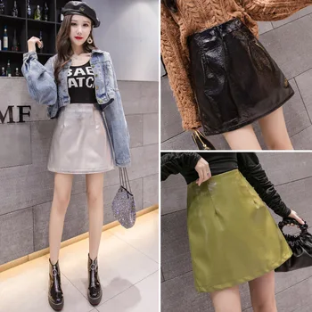 

2019 New Women's Autumn and Winter High Waist pu Leather Skirt Silver Small Leather Skirt A Word Skirt Pants Hip Skirt