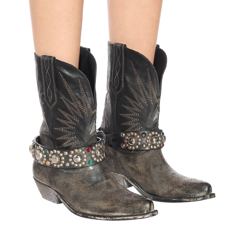Ковбойские ботинки в стиле ретро; женская обувь с острым носком без шнуровки; удобная обувь из натуральной кожи; Bottes; обувь на массивном низком каблуке; Botas; женские ботинки с украшением в виде кристаллов - Цвет: Black