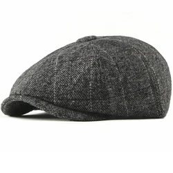 HT2739 Beret Cap Wool Berets Men Plaid Octagonal Newsboy Cap Artist Painter Hat Ivy Flat Cap Autumn Winter Hat for Men Beret Hat