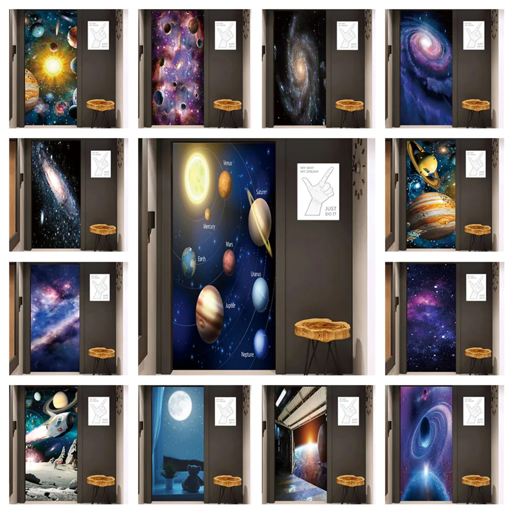 Starry Sky Adhesive Sticker for Kids Room PVC 3D Visual Door Sticker Wall Decor Universe Theme Children Bedroom Decoration Mural