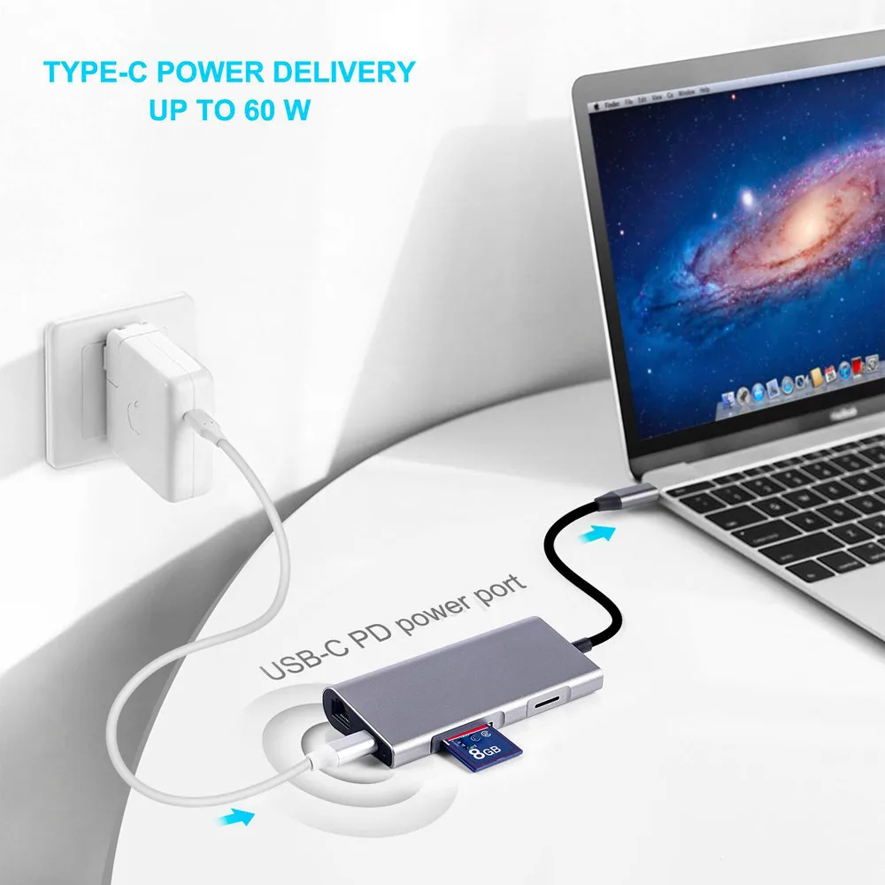 USB C концентратор 8 в 1 Алюминиевый многопортовый высокоскоростной адаптер USB C концентратор к HDMI Мужской Тип C комбинированный концентратор для MacBook Pro# LR4