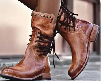 

Autumn and winter 2020 new women's shoes strapping wind boots large flat bottomed rivet boots leather boots