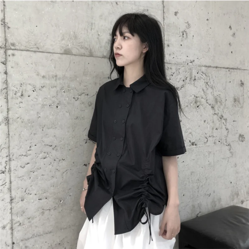 Summer ladies' new drawstring tie design square collar solid color double-breasted short-sleeved blouse thin soft breeze